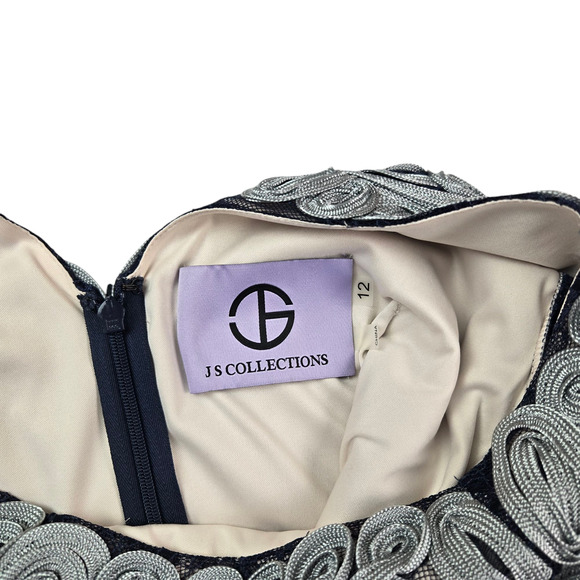 JS Collections Embroidered Ribbon Dress Size 12 Midi Blue Silver Shoet Sleeve - Picture 6 of 6